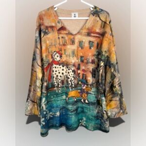 inoah Dalmatian Dachshund Dog Ice Skating V-neck Tunic Sweater Size XL Soft